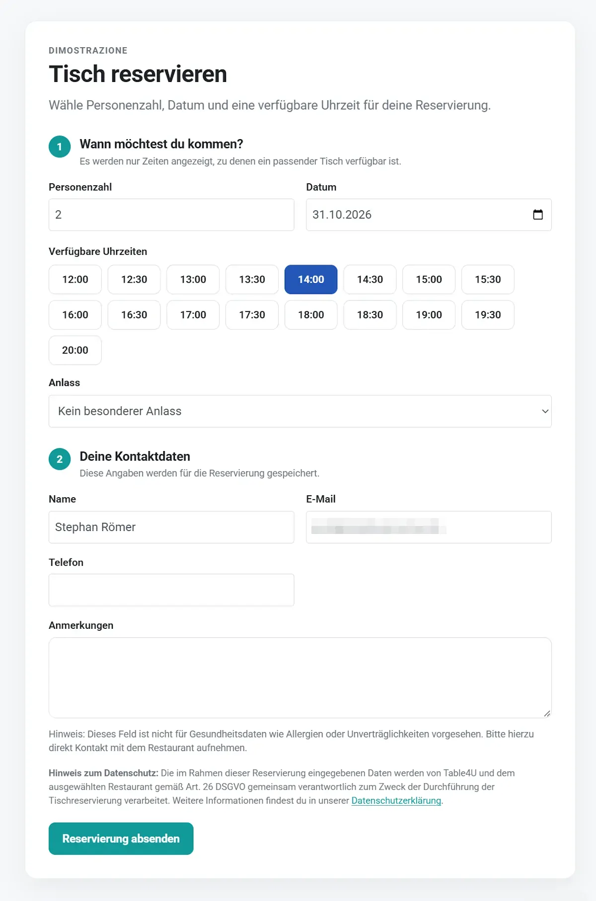 Online-Tischreservierung mit Table4U